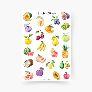 Früchte Sticker Sheet, Melone, Ananas, Avocado, Kiwi, Apfel, Banane, Kirsche, Kokosnuss, Pfirsich, Birne, Blaubeere