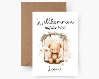 Gepersonaliseerde geboortekaart A6, Welkom op de wereld, gepersonaliseerde geboortekaart, cadeau, baby, doop, aquarel, structuurpapier