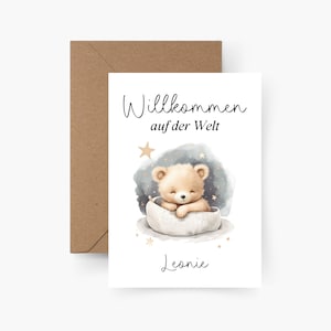 Carte de naissance personnalisée A6, bienvenue dans le monde, carte de naissance personnalisée, cadeau, bébé, baptême, aquarelle, papier texturé