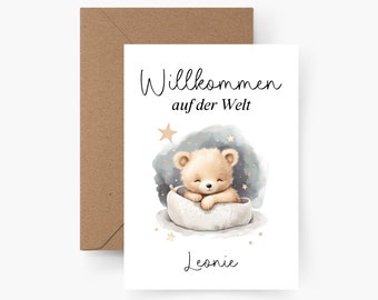 Gepersonaliseerde geboortekaart A6, Welkom op de wereld, gepersonaliseerde geboortekaart, cadeau, baby, doop, aquarel, structuurpapier