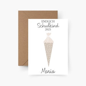 Tarjeta de matrícula escolar "Por fin un escolar" personalizada con nombre Beige A6, matrícula escolar, escolar, primer día de colegio, inicio de clases, cono escolar