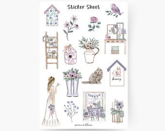 Spring Garden Sticker Sheet, Garten, Natur, Blumen, Grün, Katze, Lavendel