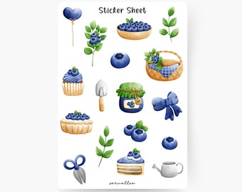 May include: A sticker sheet with a blueberry theme. The sheet includes a variety of stickers, including blueberries, a blueberry pie, a jar of blueberry jam, a cupcake with blueberry frosting, a blueberry basket, a blueberry cake slice, a watering can, a pair of scissors, a gardening trowel, a heart-shaped balloon, and a bow. The stickers are all in watercolor style and have a light blue, green, and yellow color scheme.