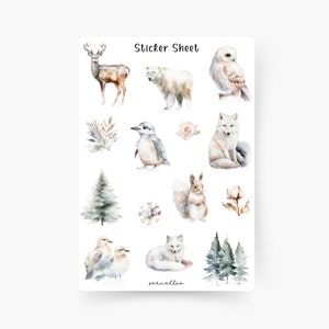 Foglio di adesivi con animali invernali, Natale, Natale, biscotti, neve, pupazzo di neve, invernale, cervo, cuccioli di animali