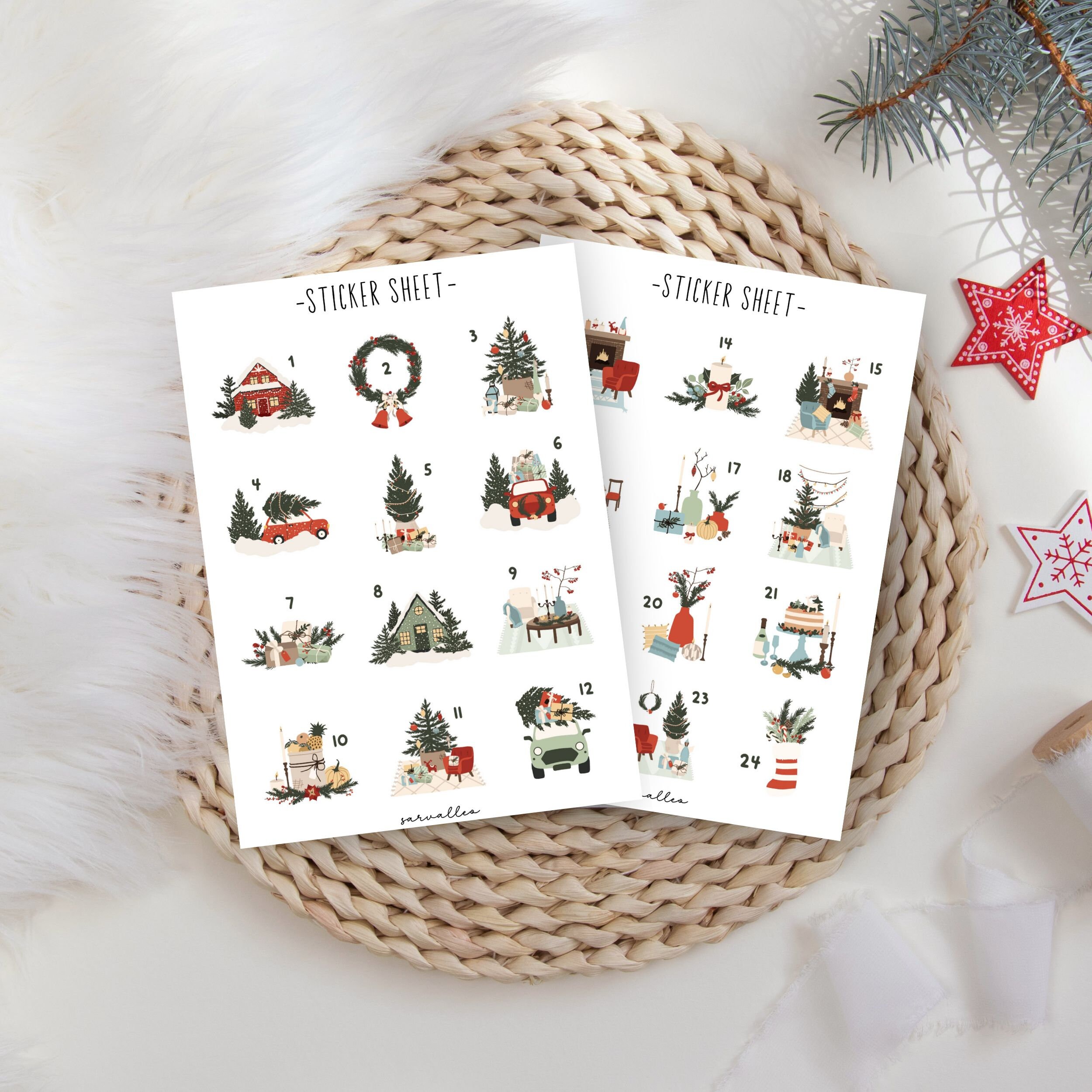 Autocollants De L’Avent Noël – Calendrier Compte à Rebours 24 Jours – Déco Fenêtre, Cadeaux, Pâtisseries (Lot 1 Feuille)