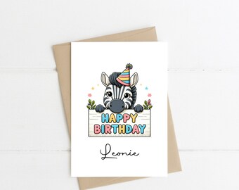 Geburtstagskarte personalisiert mit Namen A6, Geburtstagskarte Tier, Happy Birthday, Geburtstagskarte Kind, Kindergeburtstag, Zebra