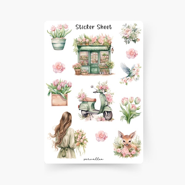 Romantic Spring Sticker Sheet, Sticker Frühling, Journal Sticker, Sticker Set, Tulpen, Sommer, Ausflug, Blumen, Frühling Sticker