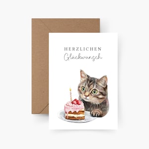 Geburtstagskarte Herzlichen Glückwunsch Katze A6, Aquarell, Strukturpapier, Happy Birthday, Runder Geburtstag, Geburtstagsgruß, Postkarte
