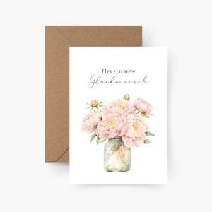 Geburtstagskarte Herzlichen Glückwunsch Blumen A6, Aquarell, Strukturpapier, Happy Birthday, Runder Geburtstag, Geburtstagsgruß, Postkarte