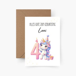 Geburtstagskarte personalisiert mit Namen A6, 4. Geburtstag, Happy Birthday, Geburtstagskarte Kind, Kindergeburtstag, Einhorn