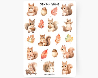 May include: A sticker sheet featuring watercolor illustrations of cute squirrels, acorns, and autumn leaves. The squirrels are depicted in various poses, some holding baskets or wearing scarves. The text "Sticker Sheet" is at the top.