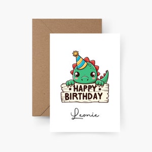 Biglietto d'auguri personalizzato con nome A6, biglietto d'auguri animale, buon compleanno, biglietto d'auguri per bambini, compleanno per bambini, dinosauro