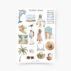 Puede incluir: Una hoja de pegatinas con temática de playa. La hoja incluye imágenes de un delfín, una pareja, una palmera, una concha, un coco, gafas de sol, una bolsa de playa, una toalla de playa, una cabaña de playa, tablas de surf, una gaviota y una mujer y un niño caminando por la playa.