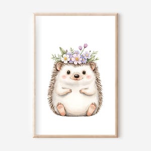 Póster de erizo con corona de flores (A4), set de pósteres, póster de animales de granja, cuadro de pared de granja, póster de animales, cuadro de pared de animales, granja, animales del bosque
