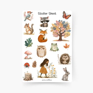森のステッカーシート キノコ、リス、ヒュッゲ、キツネ、秋、フクロウ、森の動物たち、秋、紅葉