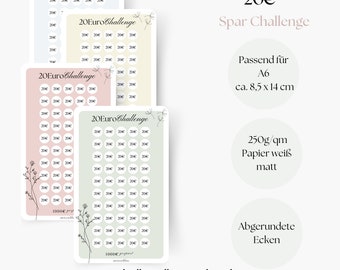 20 Euro Challenge, Savings Challenge, Savings Challenge, Saving with Challenges, A6 Planner Inserts, Saving Money with Savings Goals, Monthly Budget