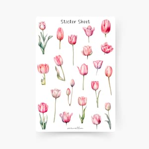 Tulpen roze stickervel, lente, bloemen, zomer, lente, bloemenweide, pastelbloemen