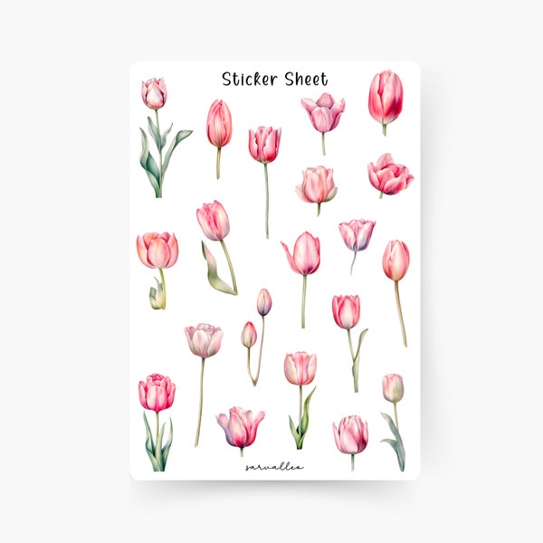 Tulpen Rosa Sticker Sheet, Sticker Frühling, Journal Sticker, Sticker Set, Blümchen, Sommer, Frühling, Blumenwiese, Pastell Blumen
