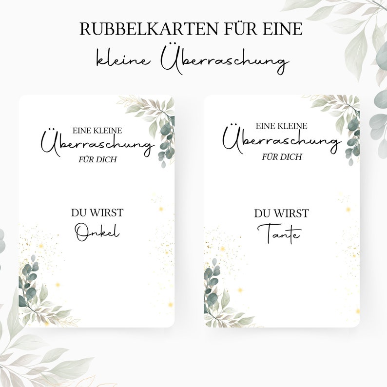 Op de afbeelding: Twee witte kaarten met groen gebladerte en gouden glitter. De tekst op de kaarten luidt "Eine kleine &Uuml;berraschung f&uuml;r dich" en "Du wirst Onkel" op de ene kaart en "Du wirst Tante" op de andere kaart.
