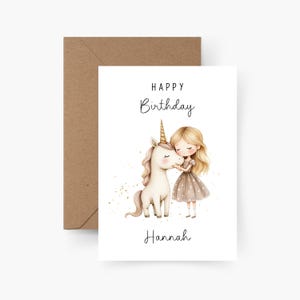 誕生日カード 女の子＆ユニコーン 名前入り A6、カード誕生日、ハッピーバースデー、子供の誕生日、グリーティングカード、