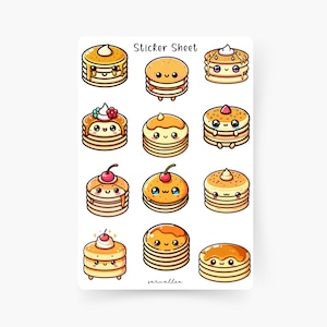 Kawaii Pancake Sticker Sheet, Essen, Süßigkeiten, Frühstück, Pfannkuchen, Süßes Frühstück