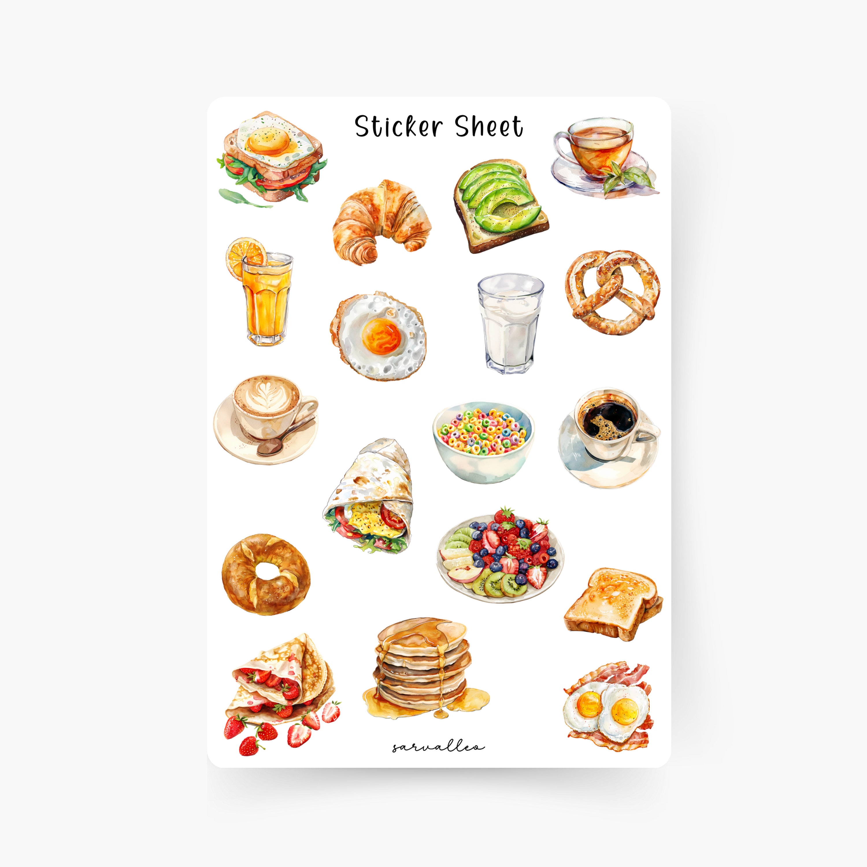 Breakfast Sticker Sheet, Food, Avocado, Coffee, Bagel, Pancake, Fried ...