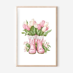 Póster de tulipanes con botas de goma A4, conjunto de pósteres, póster de flores, cuadro de pared de tulipanes, póster para tu hogar, cuadros de pared