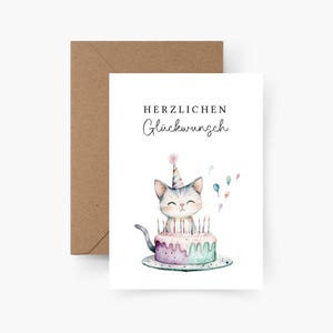 Geburtstagskarte Herzlichen Glückwunsch Katze A6, Aquarell, Strukturpapier, Happy Birthday, Runder Geburtstag, Geburtstagsgruß, Postkarte