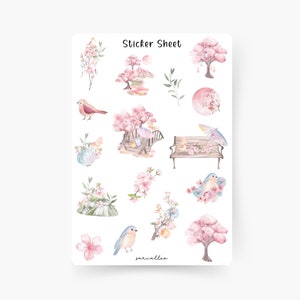 Japan stickervel, Sakura, bloemen, bloemen, natuur, lente, Japan, roze, vogel, kersenbloesem, kersenbloesems, Japans, Kawaii, Tokio