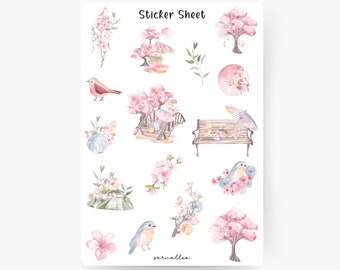 Japan Sticker Sheet, Sakura, Floral, Blumen, Natur, Frühling, Japan, Rosa, Vogel, Cherry Blossom, Kirschblüten, Japanese, Kawaii, Tokyo