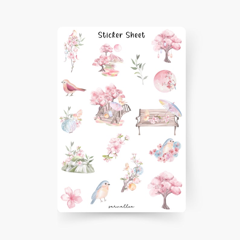 Japan Sticker Sheet, Sakura, Floral, Flowers, Nature, Spring, Japan, Pink, Bird, Cherry Blossom, Japanese, Kawaii, Tokyo image 1