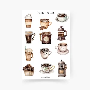 Hoja de pegatinas de café, Café, Capuchino, Espresso, Especialidades de café, Comida, Bebida, Cita de café, Café para llevar