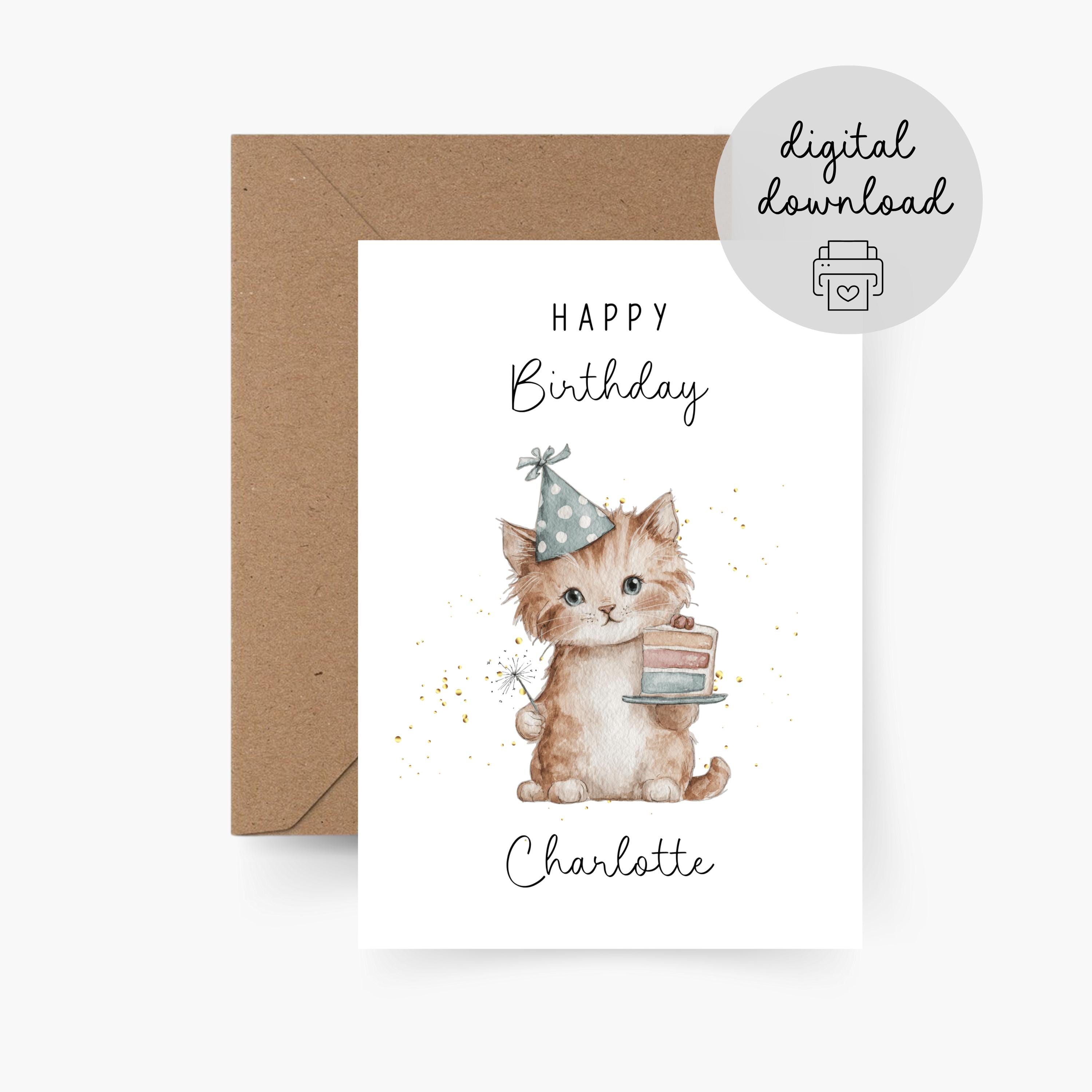 Personalized Cat Birthday Card - PDF Download -, Printable Card, Happy ...