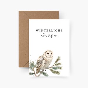 Cartolina di Natale Auguri invernali A6, acquerello, carta ruvida, set di cartoline di Natale, Natale, posta di Natale, cartolina, Natale, gufo