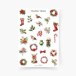 Foglio di adesivi per decorazioni natalizie, Natale, Natale, biscotti, neve, vischio, fiori invernali, periodo natalizio, Natale