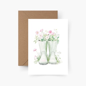 Karte Gummistiefel Blumen A6, Blumen Karte, Postkarte Frühling Aquarell, Grußkarte Frühling, Spring Season, Frühlingsgefühle, Frühlingsliebe