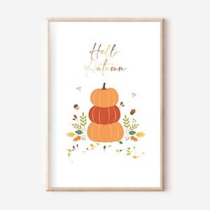 Hola cartel de otoño A4, imagen de otoño, cartel de otoño, conjunto de carteles, cartel de sala de estar, tipografía, estética, cartel de calabaza,