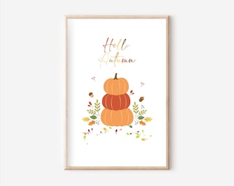 Hello Autumn Poster A4, Autumn Picture, Autumn Poster, Poster Set, Living Room Poster, Typography, Aesthetic, Pumpkin Poster,