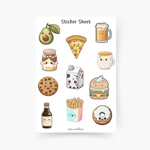 Kawaii Food Sticker Sheet, Essen, Süßigkeiten, Eis, Avocado, Pizza, Burger, Kaffee