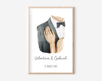May include: A watercolor illustration of a couple's hands, with the groom wearing a suit and bow tie. The bride's hand is resting on the groom's shoulder, and she is wearing a ring. The text "Valentina & Gabriel" and "13. AUGUST 2023" is below the illustration.
