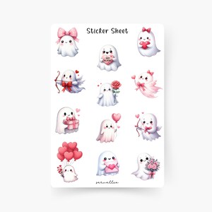 Könnte beinhalten: Eine Sticker-Tafel mit 12 Valentinstags-Motiven von Geistern. Die Geister sind weiß mit rosa Akzenten und halten verschiedene Valentinstags-Gegenstände wie Herzen, Blumen und Geschenke. Die Tafel ist mit "Sticker Sheet" betitelt.