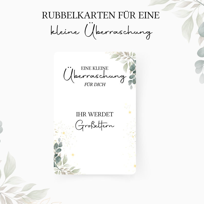 Op de afbeelding: Een witte kaart met groen blad en gouden glitter. De kaart luidt "Eine kleine &Uuml;berraschung f&uuml;r dich" en "Ihr werdet Gro&szlig;eltern".
