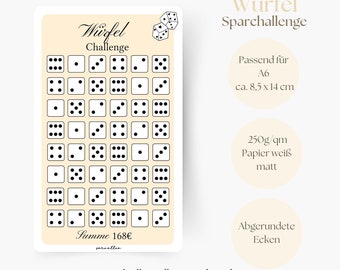 Dice savings challenge, savings challenge, savings challenge, saving with challenges, A6 planner inserts, saving money with savings goals