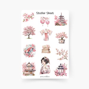 Japan Sticker Sheet, Sakura, Floral, Blumen, Natur, Frühling, Japan, Rosa, Vogel, Cherry Blossom, Kirschblüten, Japanese, Kawaii, Tokyo