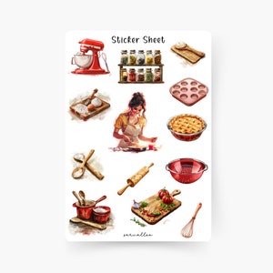 Folha de adesivos de cozinha, cozinha, pastelaria, receita, livro de receitas, culinária, bolo, comida, bebida, torta, biscoitos, fada do cozimento, muffins, cobertura de bolo