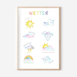 Póster del tiempo A4, juego de pósteres, póster de aprendizaje, póster de arcoíris, póster de estaciones, material de aprendizaje para niños, póster de aprendizaje Montessori para niños