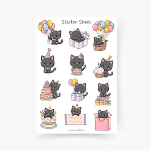Feuille d’autocollants de chats d’anniversaire mignons, amoureux des chats, autocollants d’animaux, Kawaii, chat Kawaii, chatons, autocollants d’anniversaire, joyeux anniversaire