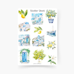 Feuille d’autocollants citron, été, mer, printemps, été, plage, Grèce