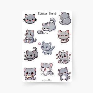 Hoja de pegatinas de gato lindo gris, gatitos, animales, mascota, Kawaii, gato pequeño, gato bebé