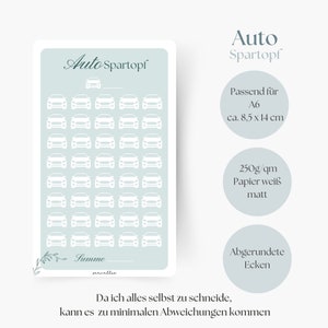 Puede incluir: Una hoja imprimible azul claro con una cuadrícula de 48 iconos de coches blancos. La hoja está etiquetada como "Auto Spartopf" e incluye el texto "Summe" en la parte inferior. La hoja está diseñada para un tamaño A6, que es aproximadamente 21,6 cm x 30,5 cm.